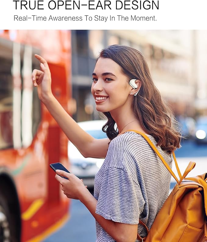 Open Ear Headphones, Dynamic Bass Boost Bluetooth 5.4 Air Conduction Wireless Earbuds w/16.2mm Large Driver, 50H Playtime, 3 EQ Modes, ENC Mic, IPX5, Lightweight Fit for Workout Running Beige