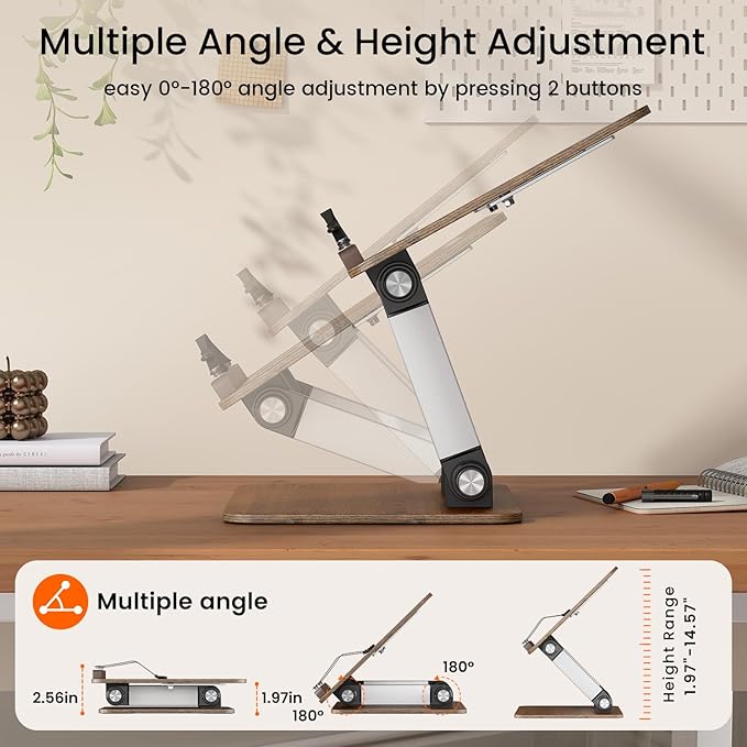 Upgraded Book Stand, Convenient Button Adjustable Book Holder Hands Free, 180° Flexible Lift, Expansion Bracket, Cookbook Stand with Elastic Page Clip, Display Stand for Recipes, Tablets and Laptops