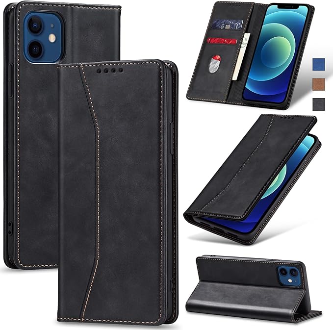 Jasonyu Flip Wallet Case for iPhone 12/12 Pro,Leather Magnetic Folio Cover with Card Holder,Kickstand - TPU Shockproof Durable Protective Phone Case,Black