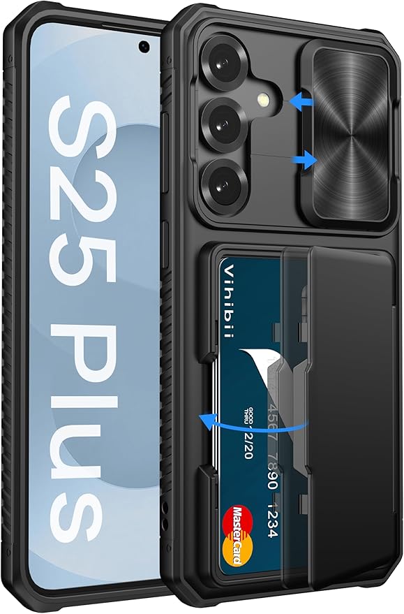 Vihibii for Samsung Galaxy S25+ Plus Case with Card Holder (4 Cards), [RFID Blocking] & Slide Camera Cover & Military Grade Drop Protection, Rugged Silicone Edge Wallet Case for Galaxy S25 Plus, Black