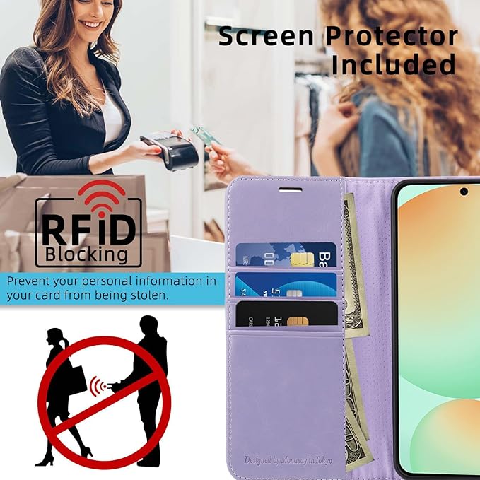 MONASAY Wallet Case Fit for Samsung Galaxy S24 FE 6.1 inch 5G,[RFID Blocking] Flip Folio Leather Cell Phone Cover with Credit Card Holder, Lavenders