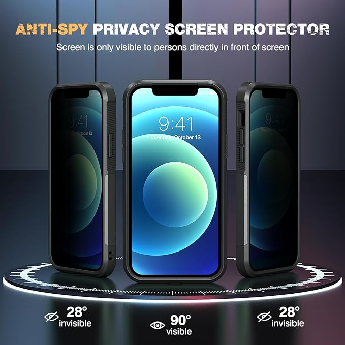 Diaclara Designed for iPhone 12 Case/iPhone 12 Pro Case, [with Privacy Screen Protector] [Anti Spy] [Military Grade Drop Protection] Heavy Duty Full-Body Shockproof Phone Case, Black