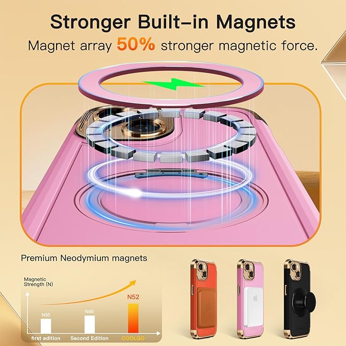 COOLQO for iPhone 15 Plus Case 6.7'' Upgraded 360° Spin Magnetic Stand [Compatible with Magsafe][Military Protection] Shockproof Protective Phone Holder Cover for iPhone 15 Plus, Pink Gold