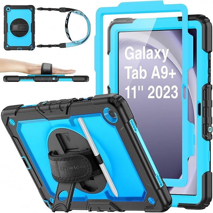 SEYMAC stock Case for Samsung Galaxy Tab A9+ Plus 11'', Full-Body Drop Protection Case with Screen Protector Pencil Holder [360° Rotating Hand Strap] &Stand, SkyBlue+Black