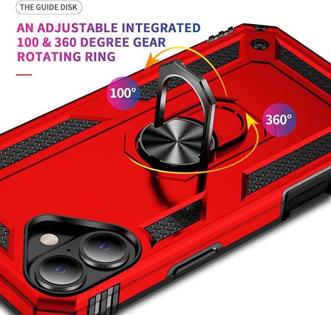 ADDIT Compatible with iPhone 17 Case with Tempered Glass Screen Protector, Adjustable Kickstand Ring, Military-Grade Heavy Duty Protection, Shockproof, Anti-Fingerprint,Red
