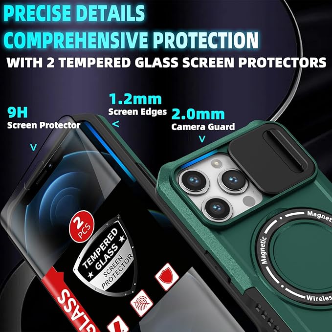 for iPhone 12 Pro Max Case Magnetic Compatible with MagSafe Wireless Charging,Built-in Kickstand,with Camera Cover,with 2 Screen Protectors,Anti-Scratch Shockproof Heavy Duty Protection Green