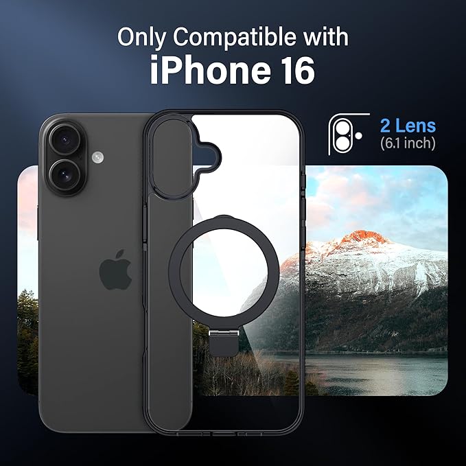 Magnetic Case for iPhone 16 - [Built-in Invisible Stand] [Compatible with MagSafe] [Military Grade Drop Protection] Anti-Yellowing Hard Back Silicone Edge Cover, 6.1", Clear Black