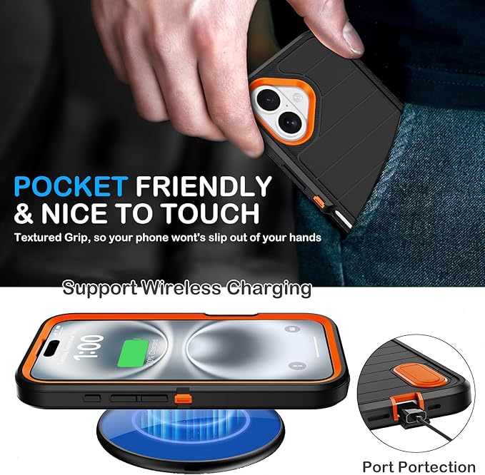 for iPhone 16 Case with 2 Screen Protectors,Heavy Duty Shockproof Drop Protection Military Grade Tri-Layer Rugged Cell Phone Cover with Built-in Invisible Kickstand for Apple 16 6.1“ (Black/Orange)