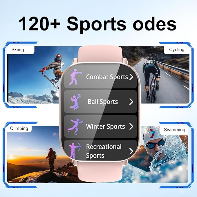 Smart Watch for Men and Women, 2.01-inch HD Touch Screen, 120+ Sports Modes/IP67 Waterproof/Heart Rate/Sleep Monitoring (Answer/Make Calls), for Android/iOS (Pink)