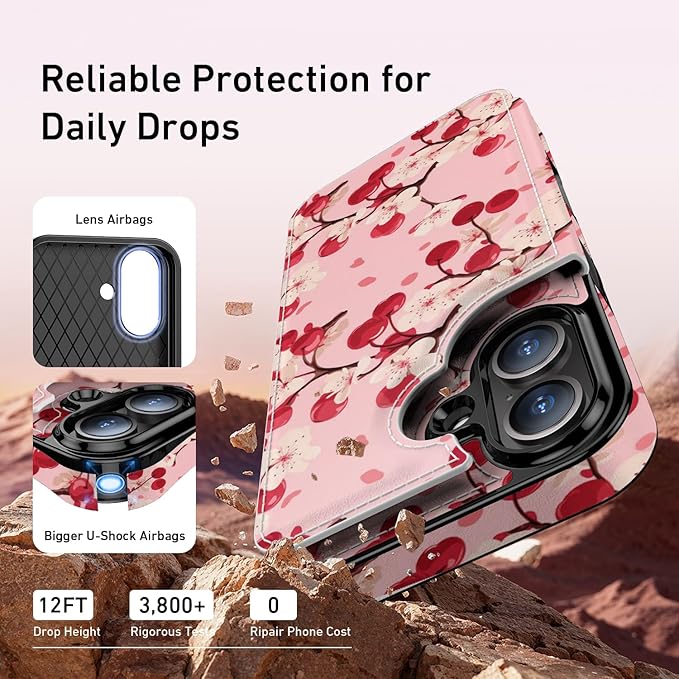 FUNMIKO for iPhone 16 Plus Wallet Case with Card Holder, RFID-Blocking, Military-Grade Protection & UV-Printed Artwork, Magnetic Closure with Leather Kickstand - Cherry Blossom