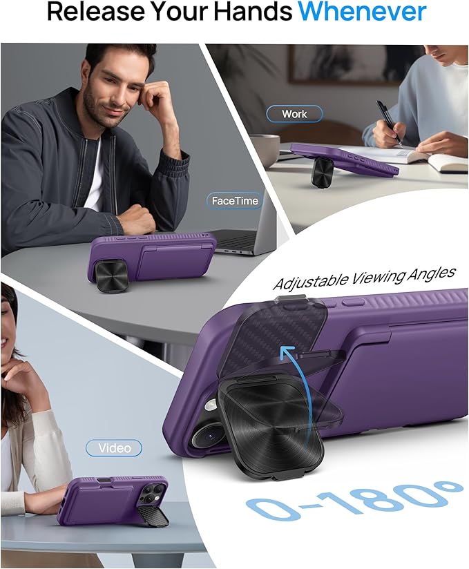 for iPhone 16 Pro Max Case with Kickstand & Card Holder & Camera Lens Cover, Military Grade Drop Protection Shockproof Rugged Stand Phone Cover Case for iPhone 16 Pro Max 6.9", Purple