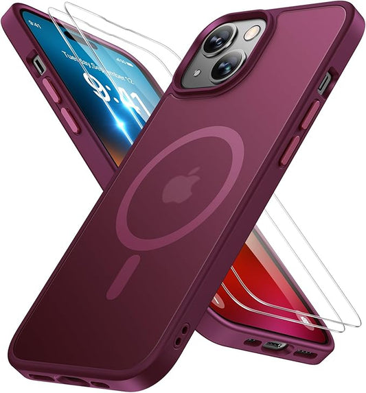 Miracase Magnetic for iPhone 15 Case (Compatible with MagSafe)（with 2X Screen Protectors） Military-Grade Protection, Anti-Fingerprint Translucent Matte Phone Cover for iPhone 15 6.1 inch, Wine Red