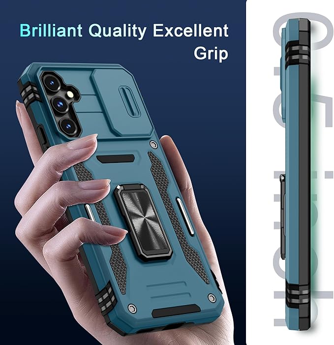 DEERLAMN Case for Samsung Galaxy S23 FE 6.4-Inch with Slide Camera Cover+Screen Protector(1 Pack),Rotated Ring Kickstand Military Grade Shockproof Protective Cover-Light Blue