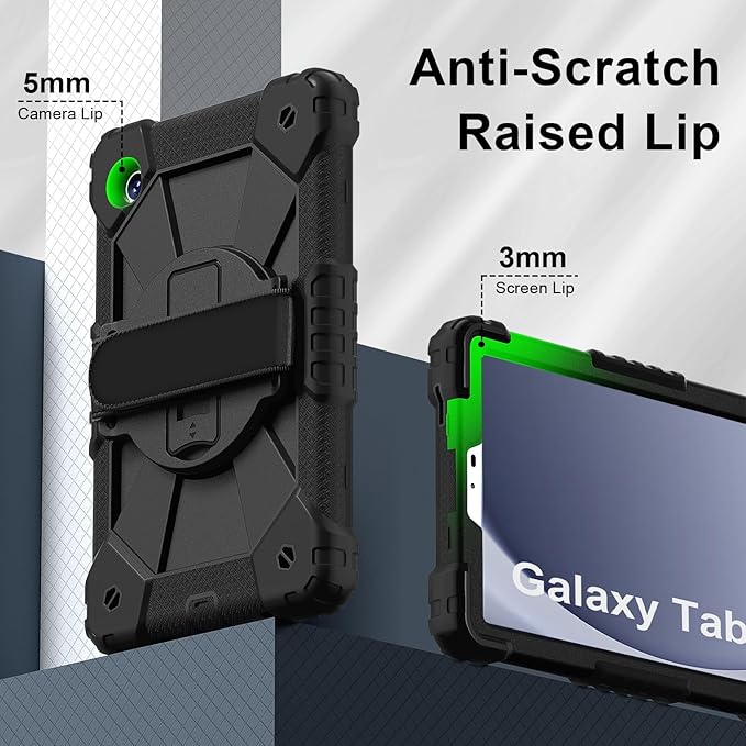 for Samsung Galaxy Tab A9 Case 8.7 inch (SM-X110/X115/X117), Heavy Duty Shockproof Silicone Cover Rugged 360 Stand Hand Shoulder Strap for Galaxy A9 Tablet Black+Black