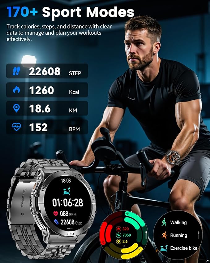 Military Smart Watch with LED Flashlight for Men, 1.6" AMOLED Bluetooth Call Watch, IP68 Waterproof Fitness Tracker with Heart Rate, SpO2, Sleep Monitor, Compatible with Android/iOS