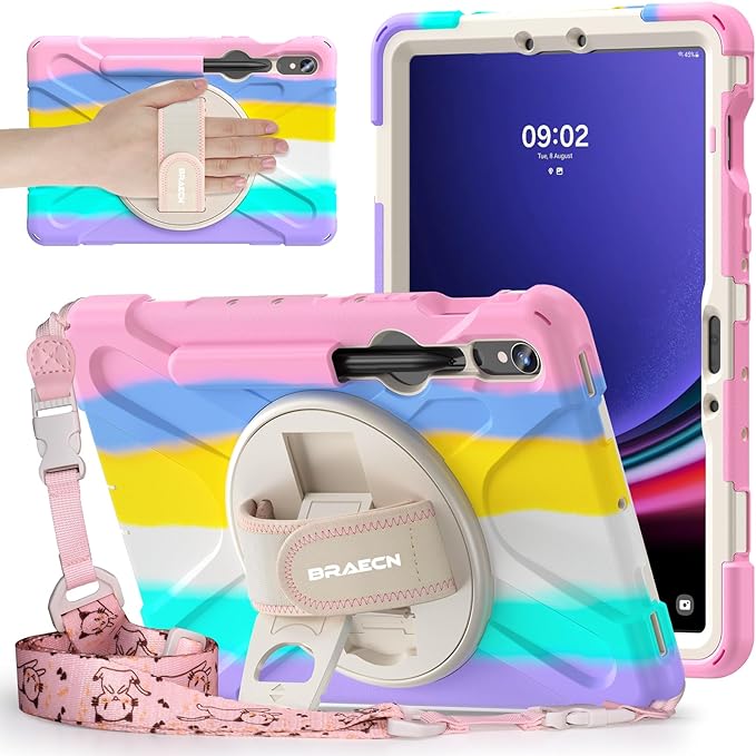 BRAECNstock Kids Case for Samsung Galaxy Tab S10 Lite/ S10 FE/ S9 FE/ S9/ S8/ S7 5G 10.9"/ 11", Shockproof Protective Case with Pen Holder, Rotating Hand Strap & Stand, Shoulder Strap, Colorful Pink