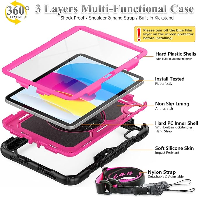 SEYMAC stock Case for iPad (A16) 11th/10th Generation 11''/10.9'' 2025/2022, Full-Body Drop Protection Case with Screen Protector &360° Rotate Hand Strap/Stand, Pink+Black