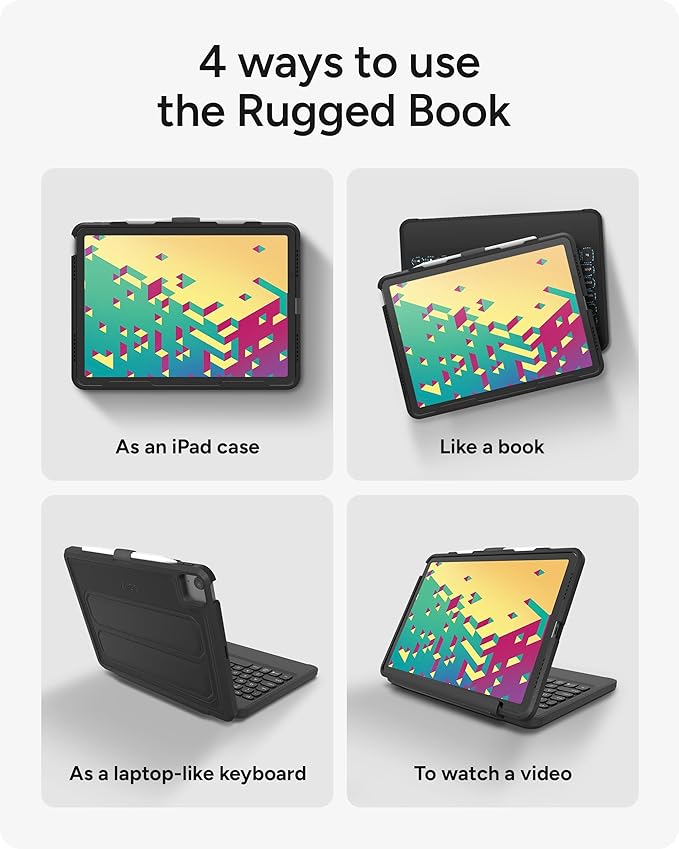 ZAGG Rugged Book Detachable Case and Magnetic-Hinged Keyboard for iPad Air 11" (M3)/ Air 11" (M2)/ iPad 10.9" (air 4th gen)/ 11" (1st & 2nd Gen), Bluetooth Pairing, Backlit Keyboard, Black