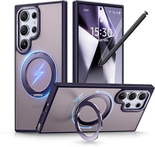 QTlier Phone case for Galaxy S24 Ultra& S25 Ultra- 360 Rotatable Magnetic Ring Stand, Military-Grade Protection, Raised Camera Frame (Purple, S24 Ultra)