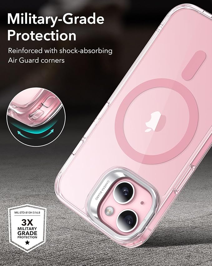 ESR for iPhone 15 Case, Compatible with, Military-Grade Protective Case, Built-in Stash Stand Phone Case, Scratch-Resistant Back Cover, Classic Series, Clear Pink