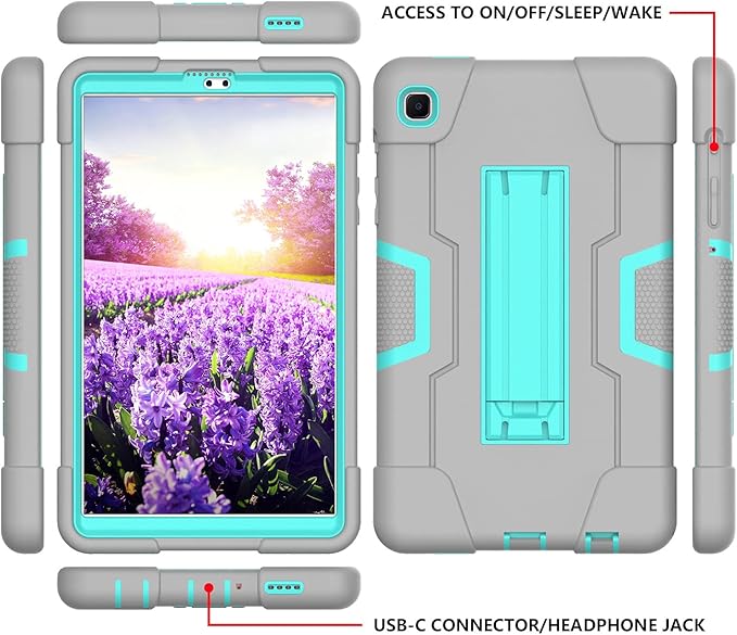 Case for Samsung Galaxy Tab A7 Lite 2021, 3-in-1 Heavy Duty Kickstand Silicone Hybrid Protective Cover for Tab A7 Lite SM-T220/T225/T225N/T227U, Gray/Green