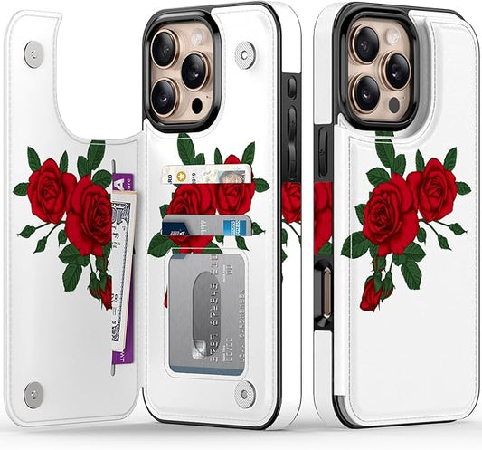 FUNMIKO for iPhone 16 Pro Wallet Case with Card Holder, RFID-Blocking, Military-Grade Protection & UV-Printed Artwork, Magnetic Closure with Leather Kickstand - Blooming Red Rose