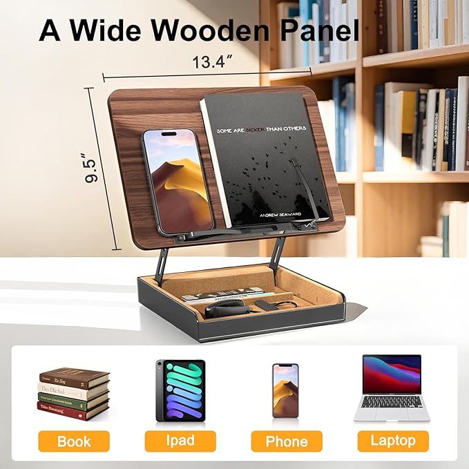 Book Stand with Storage, Book Holder for Reading Hands Free, Wooden Cookbook Stand for Kitchen Counter, Adjustable Reading Stand for Desk, Recipe Stand, Book Prop for Book Lovers