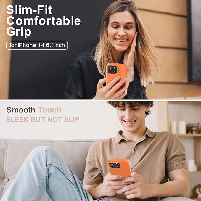 Vooii Compatible with iPhone 14 Case,[Silky Touch Premium Liquid Silicone] [Soft Anti-Scratch Microfiber Lining], Ultra Slim Shockproof Protective Case for iPhone 14 - Bright Orange