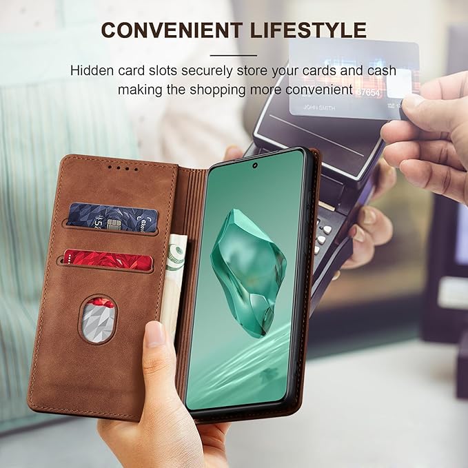 Jasonyu Flip Wallet Case for OnePlus 12,Leather Magnetic Folio Cover with Card Holder,Kickstand - TPU Shockproof Durable Protective Phone Case,Brown