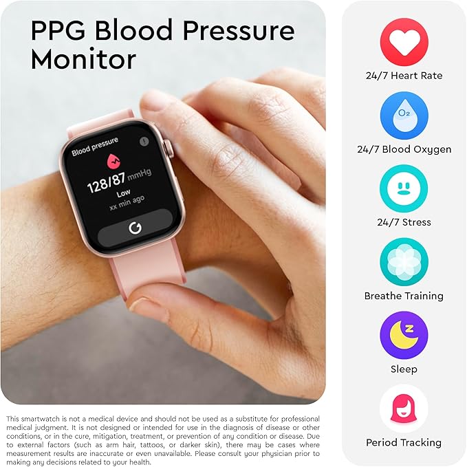 OCTANDRA Beyond VeryFit Smart Watch for Men Women 1.99" AMOLED Screen AI Voice 3ATM Fitness Tracker Watch Heart Rate/Blood Pressure/Oxygen Saturation/Stress/Step/Sleep Monitor (GTX12) (Pink)