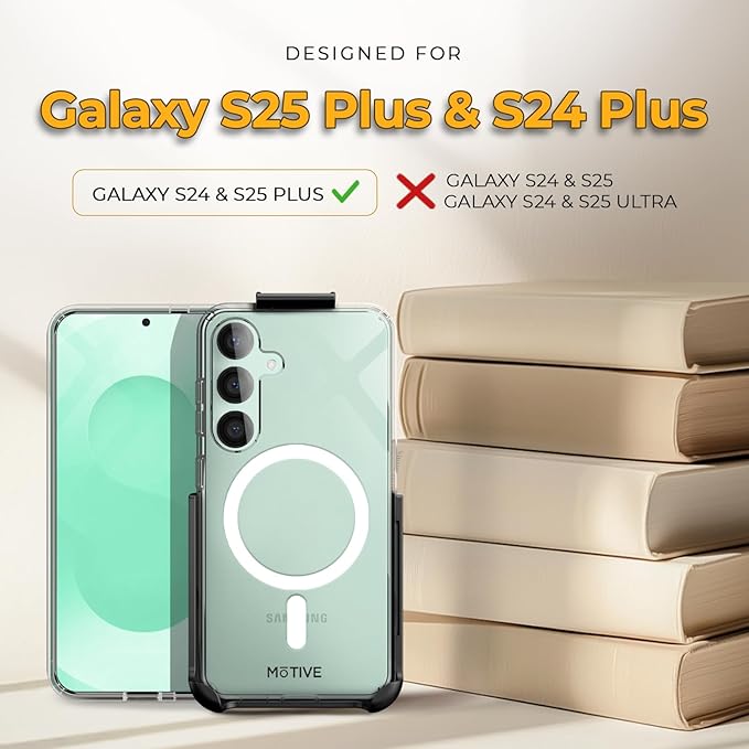 MOTIVE Designed for Samsung Galaxy s25 Plus Case with Belt Clip, Clear Case Magnetic Compatible with MagSafe, Slim Cover, Drop Tested s25 Plus Holster Case 6.7” | Clear [Fits s24 Plus]