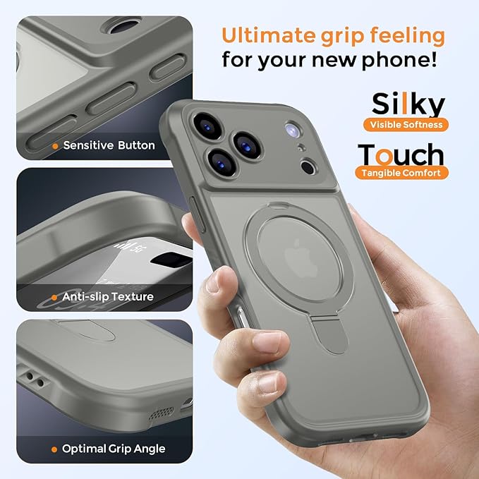 MOCCA Compatible with iPhone 17 Pro Max Case with Magnetic Invisible Stand [Full Camera Protection] [Compatible with Magsafe] Military Drop Shockproof Translucent Matte Phone Case Cover,Titanium Gray