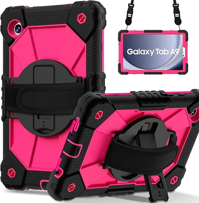 for Samsung Galaxy Tab A9 Case 8.7 inch (SM-X110/X115/X117), Heavy Duty Shockproof Silicone Cover Rugged 360 Stand Hand Shoulder Strap for Galaxy A9 Tablet, Black/Rose Red