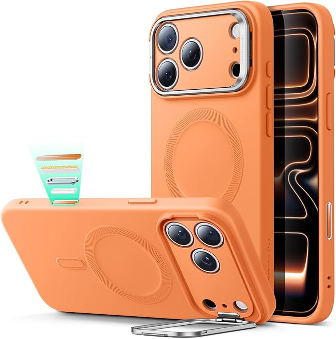 ESR Silicone Case for iPhone 17 Pro Max, Built-in Camera Stash Stand Compatible with MagSafe, Military-Grade Drop Protection Magnetic Phone Case for iPhone 17 Pro Max, Cloud Series, Orange