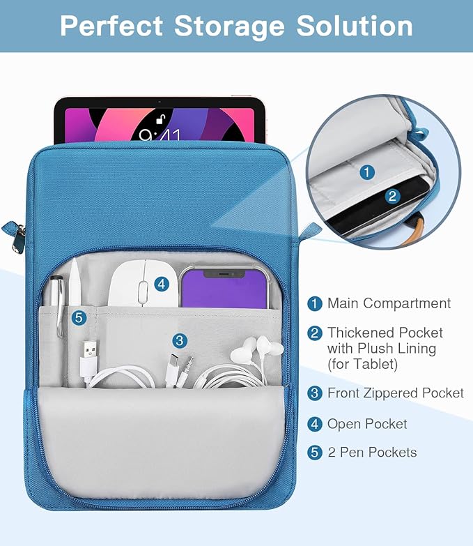 MoKo 9-11 Inch Tablet Sleeve Bag Handle Carrying Case with Shoulder Strap Fits 11inch iPad Air M3, iPad A16 2025, iPadPro 11", iPad10/9/8/7th Gen 10.2, Air 5/4th 10.9, Tab S8/S9 11", Peacock Blue