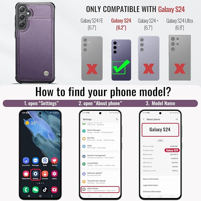 Vinich for Samsung Galaxy S24 Wallet Case with Card Holder, RFID Blocking Credit Slots Kickstand Shockproof Phone Cover for Women Men, Purple