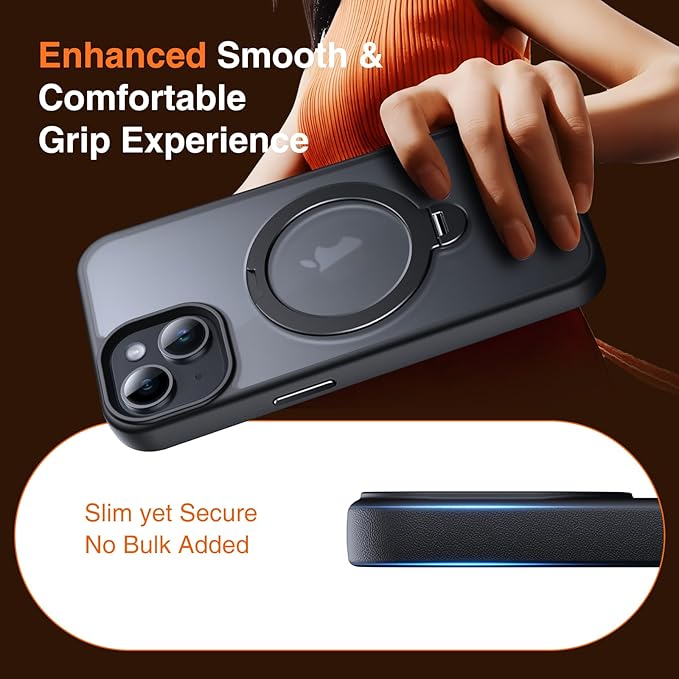 360° O-Ring MagStander for iPhone 15 Case with Magnetic Kickstand Ring Holder [Compatible with MagSafe][360°Rotate Stand Ring][Military Shockproof] Magnet iPhone 15 Phone Cover Matte Black