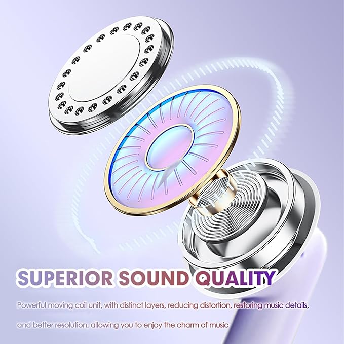 True Wireless Earbuds Purple Bluetooth 5.3 with Microphone for Working Out Noise Canceling Blue Tooth Ear Buds Deep Bass TWS Wireless Earphones with Charging Case in Ear Headphone for iPhone Android