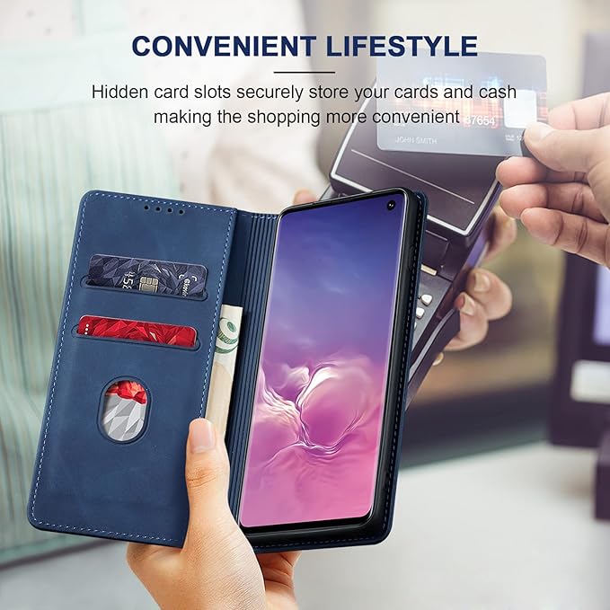 Jasonyu Flip Wallet Case for Samsung Galaxy S10,Leather Magnetic Folio Cover with Card Holder,Kickstand - TPU Shockproof Durable Protective Phone Case,Blue
