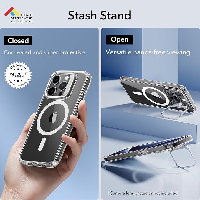 ESR for iPhone 15 Pro Case, Compatible with MagSafe, Military-Grade Protective Clear Case for iPhone 15 Pro,Built-in Stash Stand Phone Case, Scratch-Resistant Back Cover, Classic Series,Clear