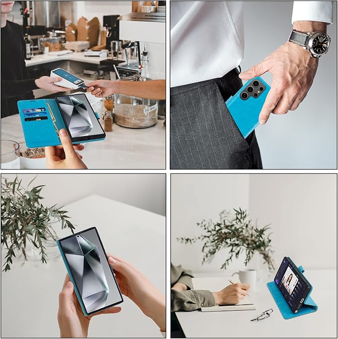 MONASAY Wallet Case Fit for Samsung Galaxy S24 Ultra 5G，[Lens & Glass Screen Protector] [RFID Blocking] Flip Folio Leather Cell Phone Cover with Credit Card Holder, 6.8 inch, Light Blue