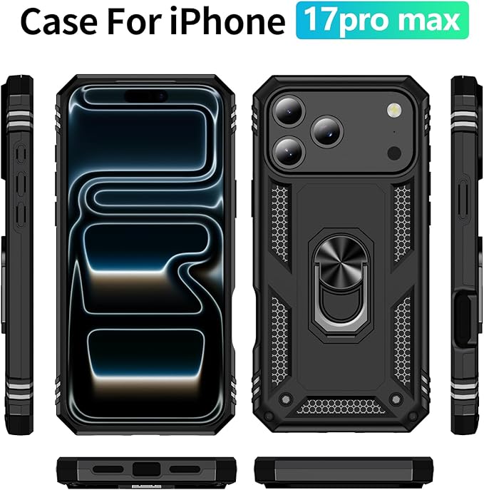 ADDIT Compatible with iPhone 17 Pro Max Case with Tempered Glass Screen Protector, Adjustable Kickstand Ring, Military-Grade Heavy Duty Protection, Shockproof, Anti-Fingerprint, Black