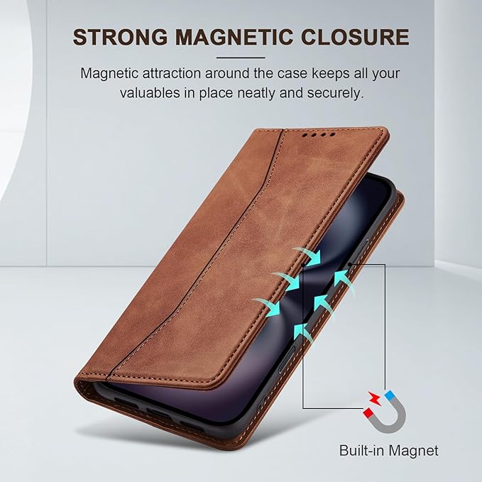 Jasonyu Flip Wallet Case for iPhone 16 Plus,Leather Magnetic Folio Cover with Card Holder,Kickstand - TPU Shockproof Durable Protective Phone Case,Brown