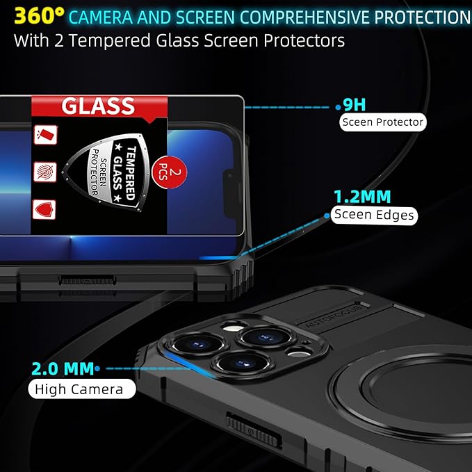 for iPhone 13 Pro Case Magnetic Compatible with MagSafe Wireless Charging,with 2 Screen Protector,with Kickstand Ring Shockproof Shock-Absorbent Heavy Duty Protection Scratch Resistant Black