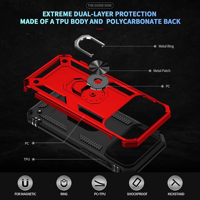 ADDIT Compatible with iPhone 17 Pro Case with Tempered Glass Screen Protector, Adjustable Kickstand Ring, Military-Grade Heavy Duty Protection, Shockproof, Anti-Fingerprint,Red