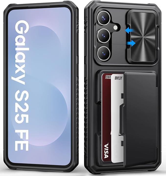 for Samsung Galaxy S25 FE Case Wallet, Card Holder (4-5 Cards), Slide Camera Cover, Military Drop Protection, Rugged Heavy Duty Men Women Protective Phone Case for Galaxy S25 FE 6.7" 2025, Black