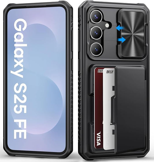 for Samsung Galaxy S25 FE Case Wallet, Card Holder (4-5 Cards), Slide Camera Cover, Military Drop Protection, Rugged Heavy Duty Men Women Protective Phone Case for Galaxy S25 FE 6.7" 2025, Black