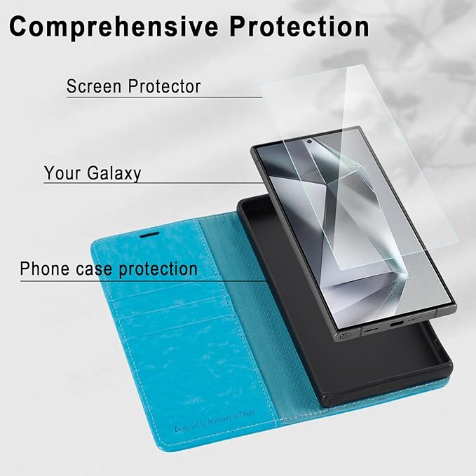 MONASAY Wallet Case Fit for Samsung Galaxy S24 Ultra 5G，[Lens & Glass Screen Protector] [RFID Blocking] Flip Folio Leather Cell Phone Cover with Credit Card Holder, 6.8 inch, Light Blue