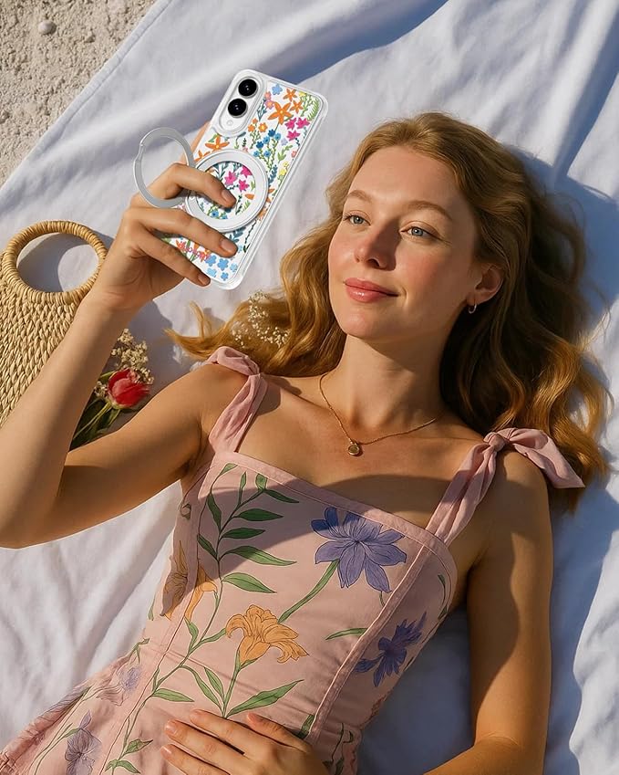 for Samsung Galaxy S25 Edge Case with 360° Rotatable Magnetic Ring - Compatible with MagSafe, Semi-Transparent Soft-Touch Material Shockproof, Cute Colors Flower Design for Women Girl