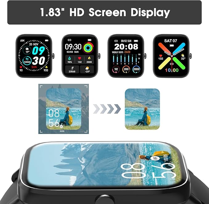 Smart Watch (Answer/Make Call): 1.85" Waterproof Fitness Trackers with 24-Hours Blood Pressure Heart Rate SpO2 Sleep Monitor Watches for Men Women, iPhone Android Compatible (Stone Black)